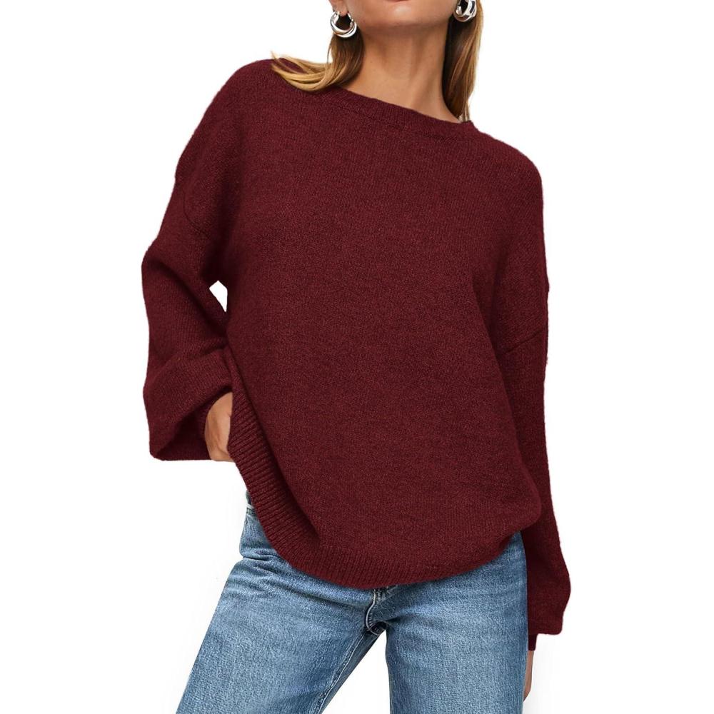 imagePRETTYGARDEN Womens 2025 Fall Sweaters Casual Crew Neck Long Sleeve Pullover Tops Ribbed Knit Loose Fit Winter ClothesWine Red