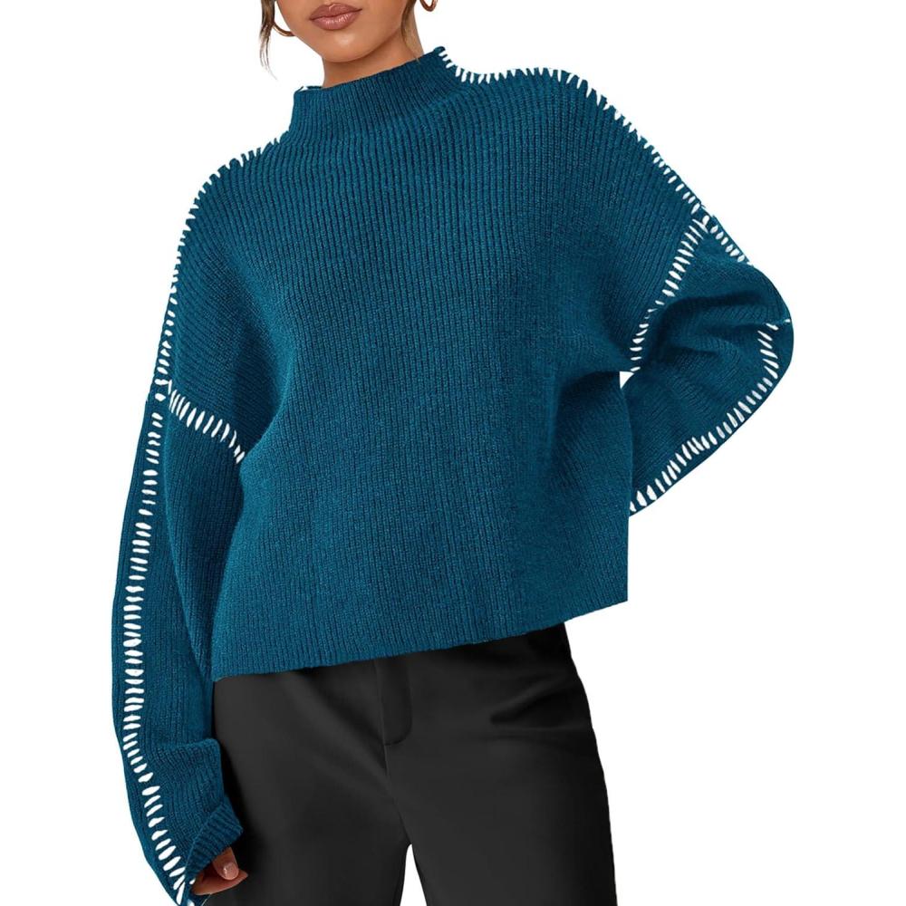 imagePRETTYGARDEN Womens Chunky Knit Sweaters 2025 Fall Long Sleeve Mock Neck Oversized Pullover Tops Winter Fashion ClothesBlue Green