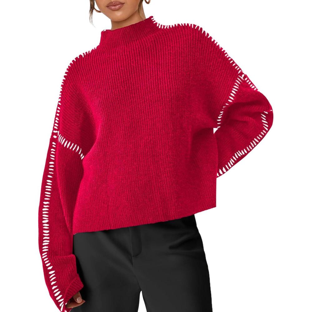 imagePRETTYGARDEN Womens Chunky Knit Sweaters 2025 Fall Long Sleeve Mock Neck Oversized Pullover Tops Winter Fashion ClothesRed