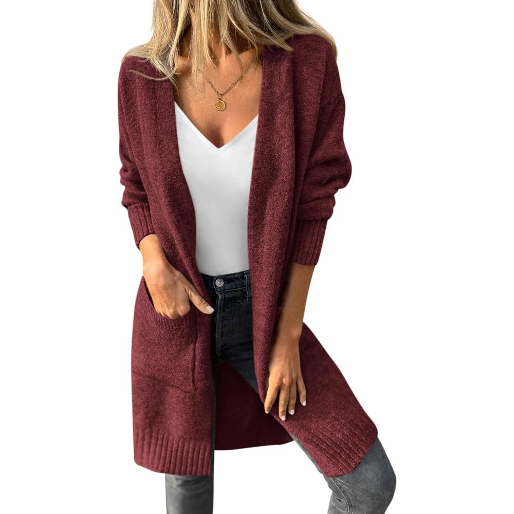 imagePRETTYGARDEN Womens Long Oversized Cardigans 2025 Fall Trendy Long Sleeve Open Front Chunky Sweater Knit Winter ClothingBurgundy