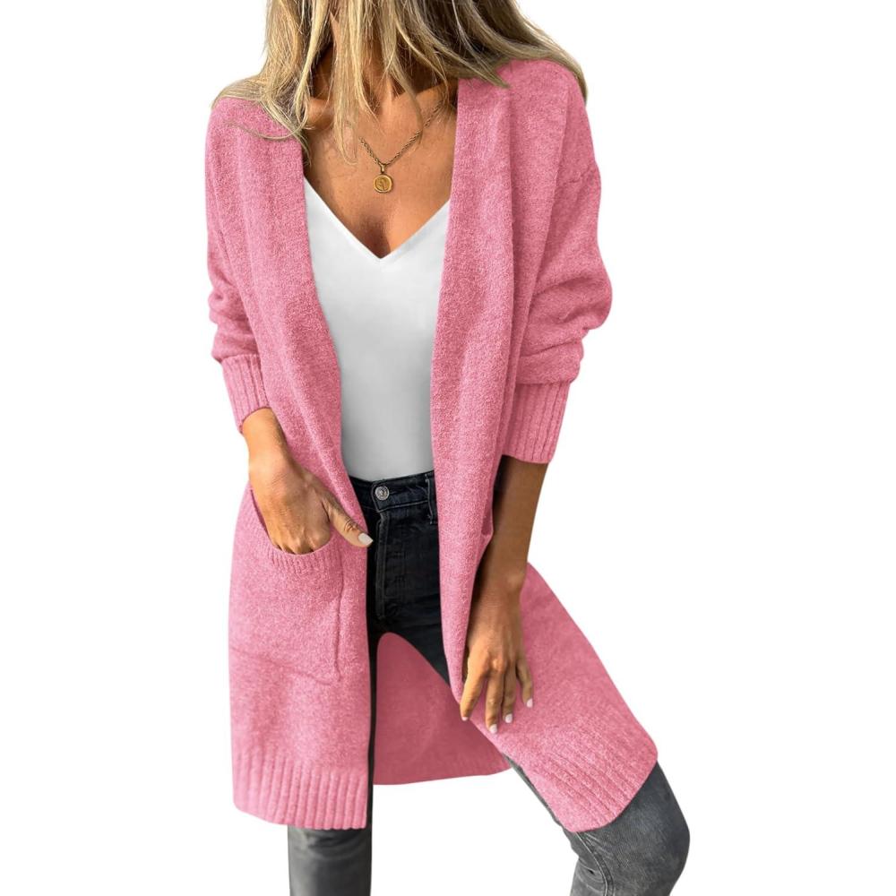imagePRETTYGARDEN Womens Long Oversized Cardigans 2025 Fall Trendy Long Sleeve Open Front Chunky Sweater Knit Winter ClothingPink