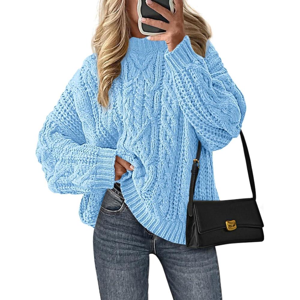 imagePRETTYGARDEN Womens Oversized Fall Sweaters 2025 Casual Long Sleeve Crewneck Chunky Cable Knit Pullover Tops Winter ClothesLight Blue