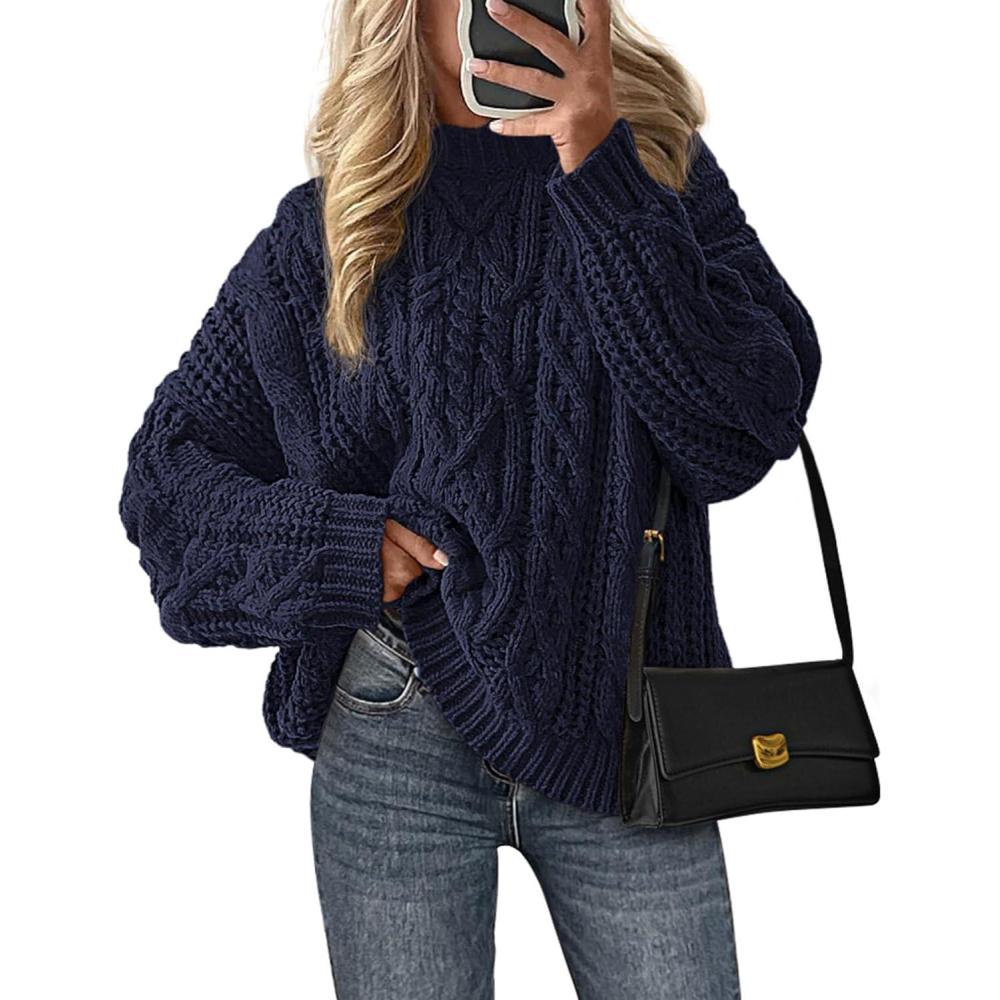 imagePRETTYGARDEN Womens Oversized Fall Sweaters 2025 Casual Long Sleeve Crewneck Chunky Cable Knit Pullover Tops Winter ClothesNavy Blue