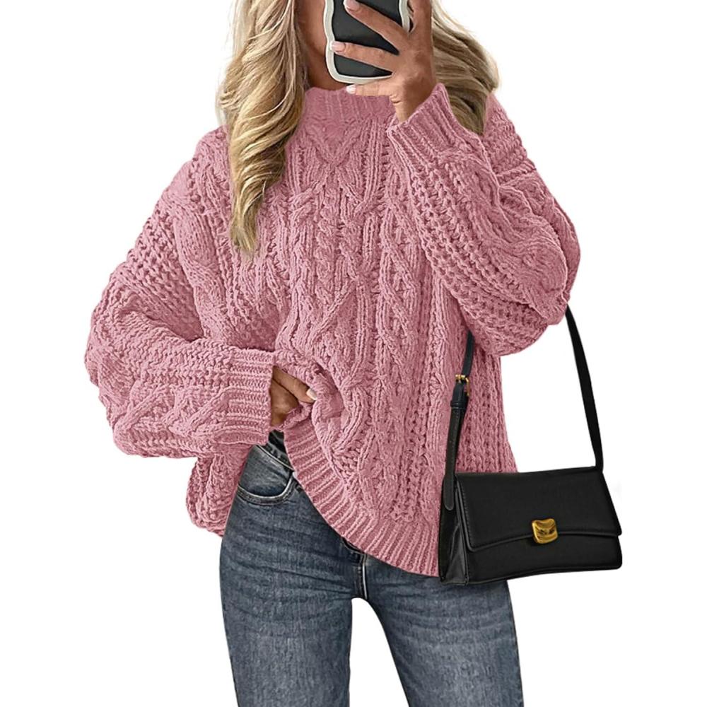 imagePRETTYGARDEN Womens Oversized Fall Sweaters 2025 Casual Long Sleeve Crewneck Chunky Cable Knit Pullover Tops Winter ClothesPink
