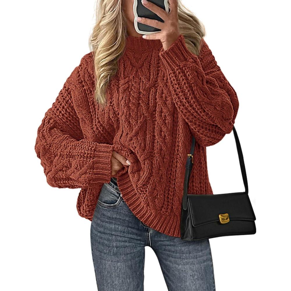 imagePRETTYGARDEN Womens Oversized Fall Sweaters 2025 Casual Long Sleeve Crewneck Chunky Cable Knit Pullover Tops Winter ClothesRust