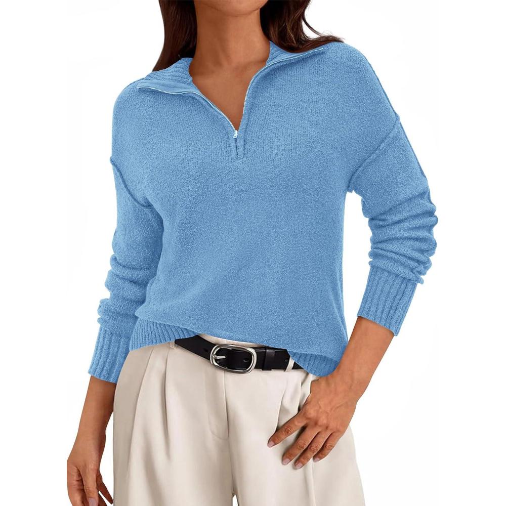 imagePRETTYGARDEN Womens Quarter Zip Pullover V Neck Fall Sweaters 2025 Long Sleeve Tops Collared Business Casual Winter ClothingLight Blue