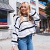 imagePRETTYGARDEN Sweaters for Women 2025 Long Sleeve Striped Knitted V Neck Pullover Jumper Tops Fall Outfits Fashion ClothingNarrow Striped White