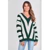 imagePRETTYGARDEN Sweaters for Women 2025 Long Sleeve Striped Knitted V Neck Pullover Jumper Tops Fall Outfits Fashion ClothingStriped Dark Green