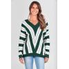 imagePRETTYGARDEN Sweaters for Women 2025 Long Sleeve Striped Knitted V Neck Pullover Jumper Tops Fall Outfits Fashion ClothingStriped Dark Green