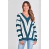 imagePRETTYGARDEN Sweaters for Women 2025 Long Sleeve Striped Knitted V Neck Pullover Jumper Tops Fall Outfits Fashion ClothingStriped Denim Blue