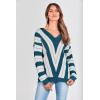 imagePRETTYGARDEN Sweaters for Women 2025 Long Sleeve Striped Knitted V Neck Pullover Jumper Tops Fall Outfits Fashion ClothingStriped Denim Blue