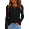 imagePRETTYGARDEN Women Long Sleeve Waffle Knit Shirts 2025 Fall Clothes Casual Button Up Henley V Neck Tunic Tops Loose Basic TeeBlack