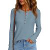 imagePRETTYGARDEN Women Long Sleeve Waffle Knit Shirts 2025 Fall Clothes Casual Button Up Henley V Neck Tunic Tops Loose Basic TeeDusty Blue