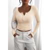 imagePRETTYGARDEN Womens 2025 Fall Long Sleeve Henley T Shirts Button Ribbed Knit Slim Fit Basic Tops Blouse Casual OutfitsBeige