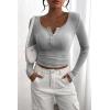 imagePRETTYGARDEN Womens 2025 Fall Long Sleeve Henley T Shirts Button Ribbed Knit Slim Fit Basic Tops Blouse Casual OutfitsGrey