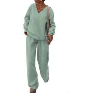 imagePRETTYGARDEN Casual Winter Two Piece Sets for Women 2025 V Neck Sweatshirt Loose Wide Leg Pants Tracksuit Knit Fall OutfitsGrey Green