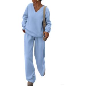 imagePRETTYGARDEN Casual Winter Two Piece Sets for Women 2025 V Neck Sweatshirt Loose Wide Leg Pants Tracksuit Knit Fall OutfitsLight Blue