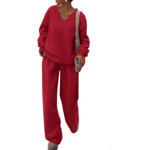 imagePRETTYGARDEN Casual Winter Two Piece Sets for Women 2025 V Neck Sweatshirt Loose Wide Leg Pants Tracksuit Knit Fall OutfitsRed