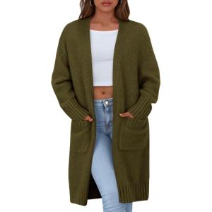 imagePRETTYGARDEN Fall Long Sleeve Cardigan Sweaters for Women 2025 Trendy Winter Open Front Loose Knitted Cardigans with PocketsArmy Green