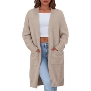 imagePRETTYGARDEN Fall Long Sleeve Cardigan Sweaters for Women 2025 Trendy Winter Open Front Loose Knitted Cardigans with PocketsBeige Grey
