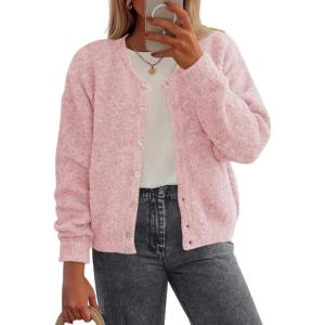 imagePRETTYGARDEN Fall Long Sleeve Cardigans for Women Trendy 2025 Lightweight Button Down Crewneck Loose Knit Sweater ClothesPink