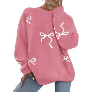 imagePRETTYGARDEN Fall Long Sleeve Pullover Sweaters for Women 2025 Trendy Crewneck Casual Cute Bow Chunky Knit Oversized SweaterDusty Pink