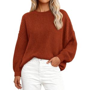 imagePRETTYGARDEN Fall Sweaters for Women 2025 Fashion Long Sleeve Casual Ribbed Knit Winter Clothes Pullover Jumper TopsRust Red