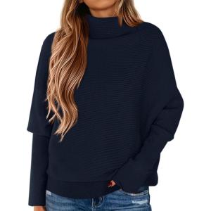 imagePRETTYGARDEN Fall Sweaters for Women 2025 Winter Clothing Batwing Long Sleeve Casual Tops Loose Knit Turtleneck SweaterNavy