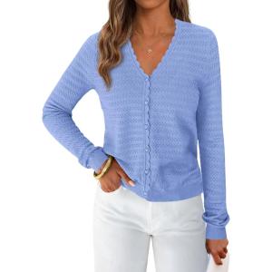 imagePRETTYGARDEN Lightweight Cardigans for Women Trendy 2025 Cozy Fall Fashion Long Sleeve Button V Neck Soft Knit Sweater TopsLight Blue