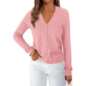 imagePRETTYGARDEN Lightweight Cardigans for Women Trendy 2025 Cozy Fall Fashion Long Sleeve Button V Neck Soft Knit Sweater TopsPink