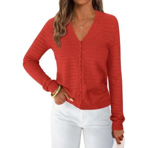 imagePRETTYGARDEN Lightweight Cardigans for Women Trendy 2025 Cozy Fall Fashion Long Sleeve Button V Neck Soft Knit Sweater TopsRust Red