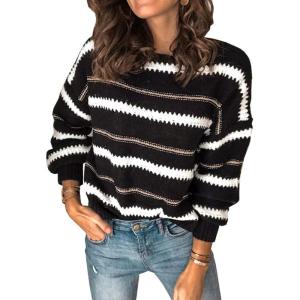 imagePRETTYGARDEN Sweaters for Women 2025 Long Sleeve Striped Knitted V Neck Pullover Jumper Tops Fall Outfits Fashion ClothingNarrow Striped Black
