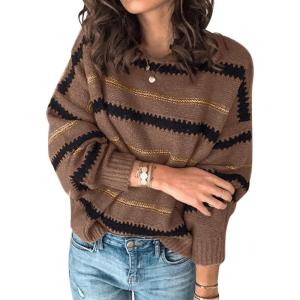 imagePRETTYGARDEN Sweaters for Women 2025 Long Sleeve Striped Knitted V Neck Pullover Jumper Tops Fall Outfits Fashion ClothingNarrow Striped Brown