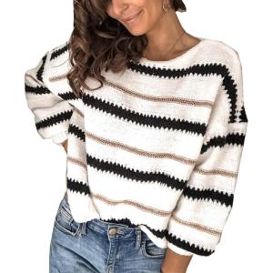imagePRETTYGARDEN Sweaters for Women 2025 Long Sleeve Striped Knitted V Neck Pullover Jumper Tops Fall Outfits Fashion ClothingNarrow Striped White