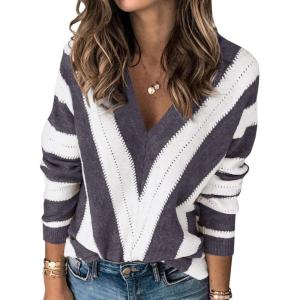 imagePRETTYGARDEN Sweaters for Women 2025 Long Sleeve Striped Knitted V Neck Pullover Jumper Tops Fall Outfits Fashion ClothingStriped Dark Grey