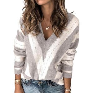imagePRETTYGARDEN Sweaters for Women 2025 Long Sleeve Striped Knitted V Neck Pullover Jumper Tops Fall Outfits Fashion ClothingStriped Grey