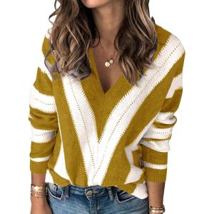 imagePRETTYGARDEN Sweaters for Women 2025 Long Sleeve Striped Knitted V Neck Pullover Jumper Tops Fall Outfits Fashion ClothingStriped Mustard Yellow