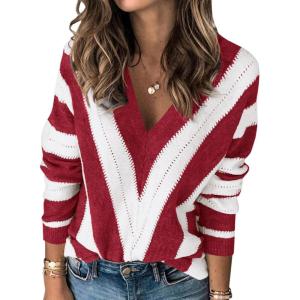 imagePRETTYGARDEN Sweaters for Women 2025 Long Sleeve Striped Knitted V Neck Pullover Jumper Tops Fall Outfits Fashion ClothingStriped Red