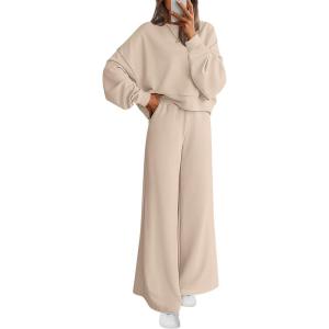 imagePRETTYGARDEN Women 2 Piece Outfits 2025 Fall Sweatsuits Crewneck Sweatshirt Wide Leg Sweatpants Lounge Sets TracksuitBeige