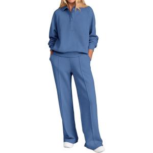 imagePRETTYGARDEN Women Fall 2 Piece Outfits Sweatsuits Quarter Button Long Sleeve Sweatshirt Wide Leg Pants Tracksuit Lounge SetsBlue
