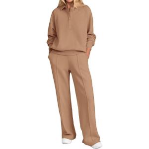 imagePRETTYGARDEN Women Fall 2 Piece Outfits Sweatsuits Quarter Button Long Sleeve Sweatshirt Wide Leg Pants Tracksuit Lounge SetsCamel