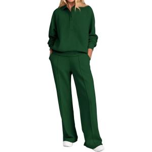 imagePRETTYGARDEN Women Fall 2 Piece Outfits Sweatsuits Quarter Button Long Sleeve Sweatshirt Wide Leg Pants Tracksuit Lounge SetsDark Green