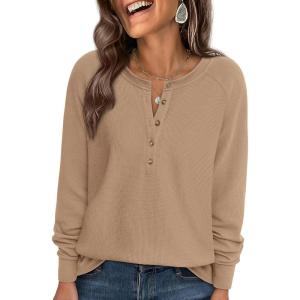 imagePRETTYGARDEN Women Long Sleeve Waffle Knit Shirts 2025 Fall Clothes Casual Button Up Henley V Neck Tunic Tops Loose Basic TeeKhaki