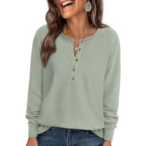 imagePRETTYGARDEN Women Long Sleeve Waffle Knit Shirts 2025 Fall Clothes Casual Button Up Henley V Neck Tunic Tops Loose Basic TeeSage Green