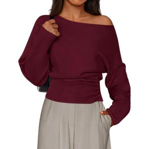 imagePRETTYGARDEN Women Off The Shoulder Sweater 2025 Fall Trendy Long Batwing Sleeve Knit Pullover Going Out Tops Winter ClothingBurgundy