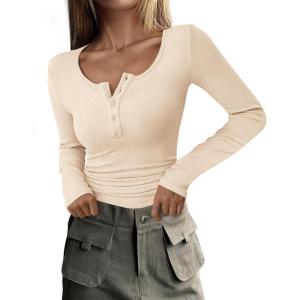 imagePRETTYGARDEN Womens 2025 Fall Long Sleeve Henley T Shirts Button Ribbed Knit Slim Fit Basic Tops Blouse Casual OutfitsBeige