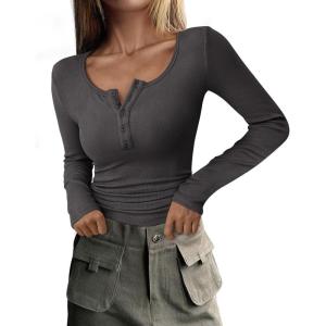 imagePRETTYGARDEN Womens 2025 Fall Long Sleeve Henley T Shirts Button Ribbed Knit Slim Fit Basic Tops Blouse Casual OutfitsDark Grey