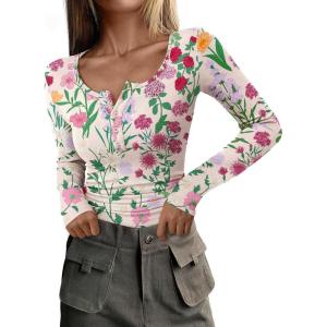 imagePRETTYGARDEN Womens 2025 Fall Long Sleeve Henley T Shirts Button Ribbed Knit Slim Fit Basic Tops Blouse Casual OutfitsFloral Apricot Multicolored