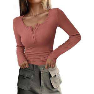 imagePRETTYGARDEN Womens 2025 Fall Long Sleeve Henley T Shirts Button Ribbed Knit Slim Fit Basic Tops Blouse Casual OutfitsHeather Pink