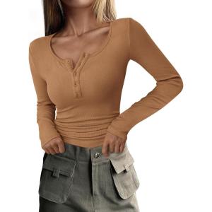 imagePRETTYGARDEN Womens 2025 Fall Long Sleeve Henley T Shirts Button Ribbed Knit Slim Fit Basic Tops Blouse Casual OutfitsLight Camel